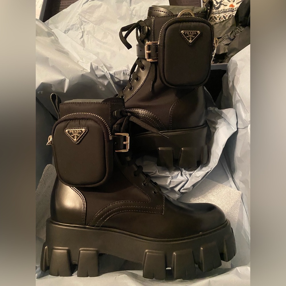 Prada monolith leather and nylon fabric boots